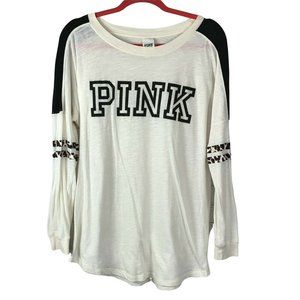 Pink Victorias Secret Top Shirt size XS Cream Black Spellout Animal Print Stripe